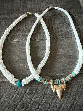 White Bead Necklace with Turquoise Accents and Shark Tooth Pendant